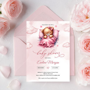 Invitation Joli ours en peluche rose endormi sur un nuage en 
