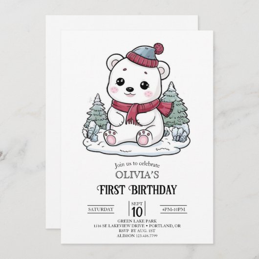 Invitation Joli Ours polaire d'hiver 1er Anniversaire numériq (Devant / Derrière)