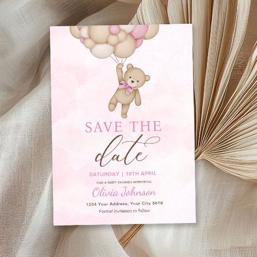 Invitation Joli Ours Rose Enregistrer la Date