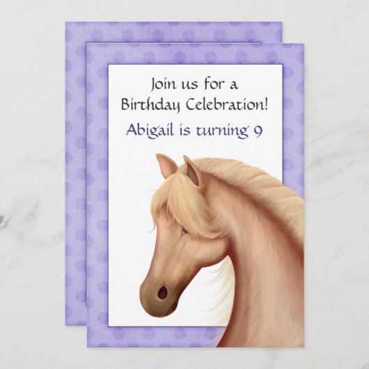 Invitation Joli Palomino Cheval Violet Anniversaire Invitatio (Devant / Derrière)