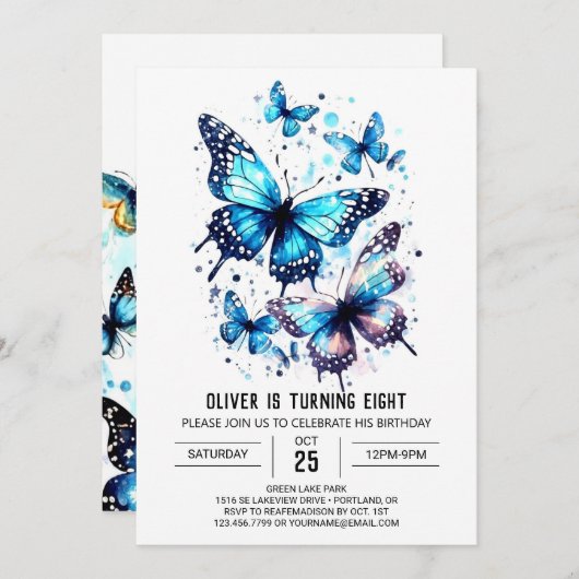 Invitation Joli papillon élégant Boy Anniversaire (Devant / Derrière)