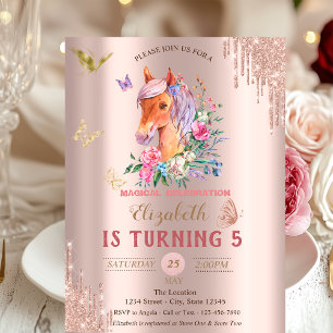 Invitation Joli Papillon Poney Rose Gold Drips Anniversaire