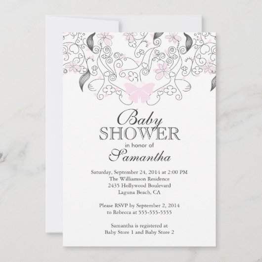 Invitation Joli papillon rose Baby shower bébé fille (Devant)