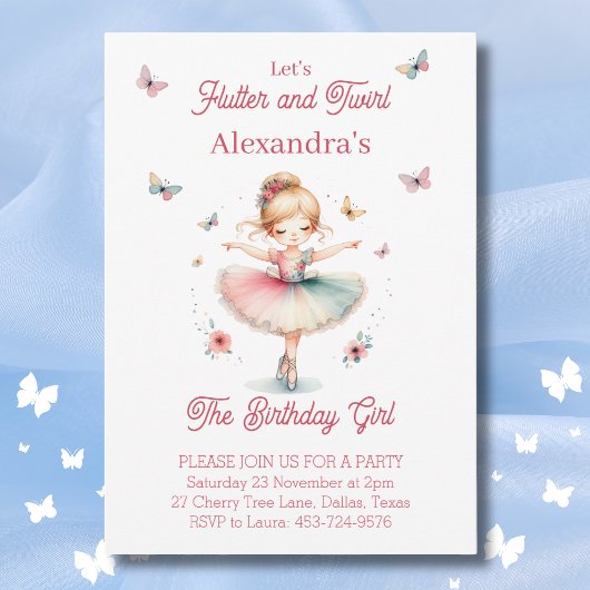 Invitation Joli papillon rose et fête d'anniversaire Ballerin