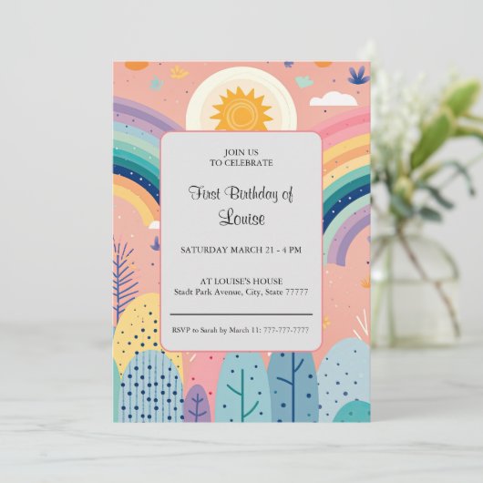 Invitation Joli Pastel Boho Arc-en-Ciel & Soleil Au-Dessus de (Debout devant)