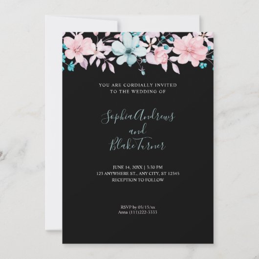 Invitation Joli pays rose et bleu Floral noir Mariage (Devant)