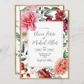 Invitation Joli Peonies roses Floral Mariage or (Devant / Derrière)