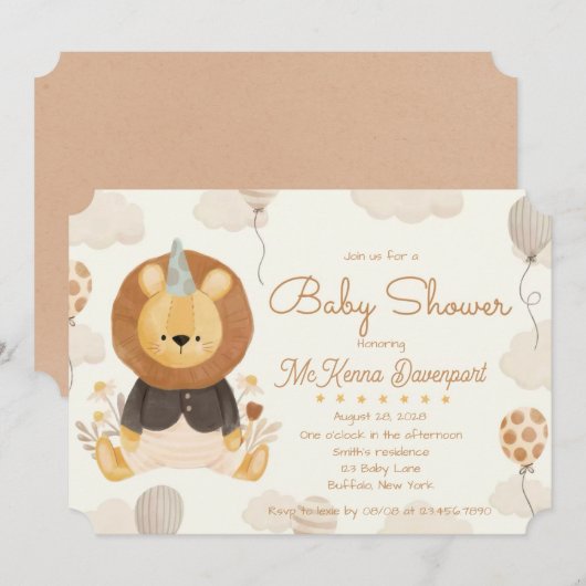 Invitation Joli petit Baby shower de garçon Lion (Devant / Derrière)