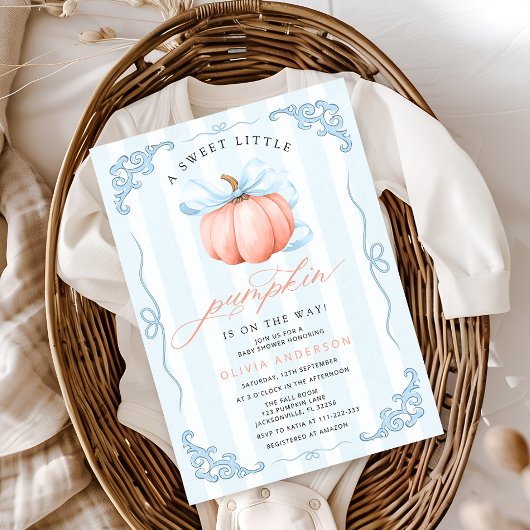 Invitation Joli petit Citrouille Automne Bleu Bow Baby shower