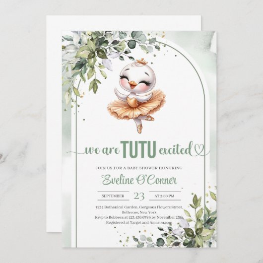 Invitation Joli petit cygne avec robe tutu or vert (Devant / Derrière)