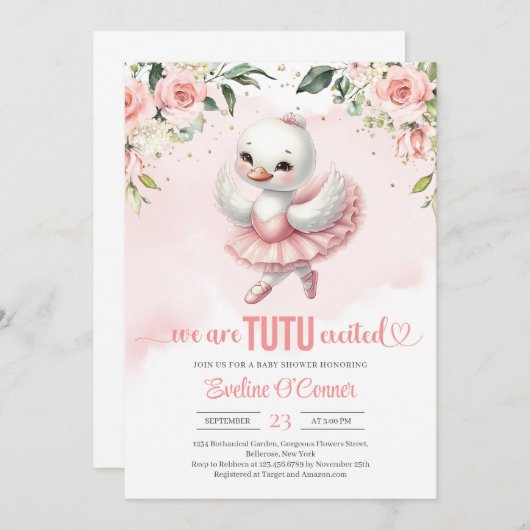 Invitation Joli petit cygne avec tutu robe or éclatant (Devant / Derrière)