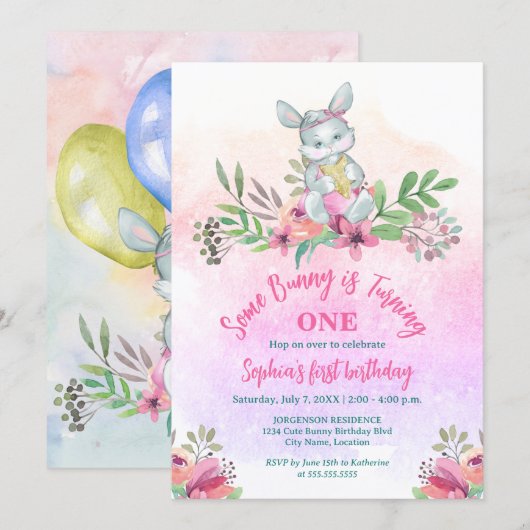 Invitation Joli Petit Lapin Floral Fête Anniversaire (Devant / Derrière)