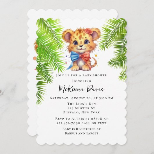 Invitation Joli petit lion avec Cravate Bow Baby shower garço (Devant / Derrière)