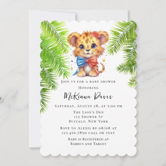 Invitation Joli petit lion avec Cravate Bow Baby shower garço (Devant)