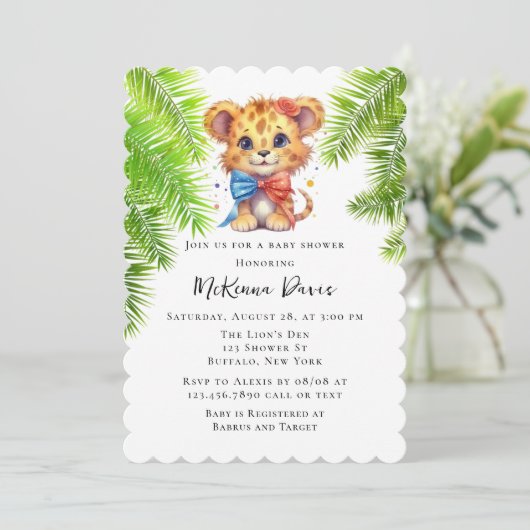 Invitation Joli petit lion avec Cravate Bow Baby shower garço (Debout devant)
