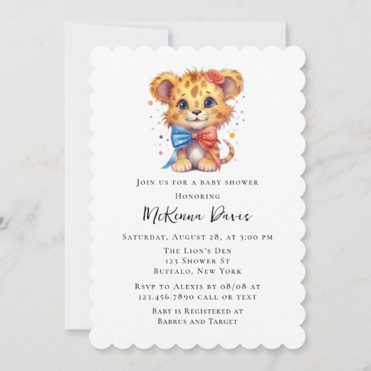 Invitation Joli petit lion avec Cravate Bow Baby shower garço (Devant)