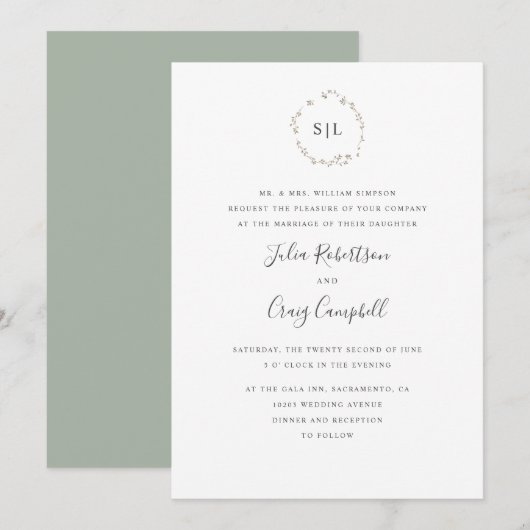 Invitation Joli petit mariage de monogramme officiel feuille (Devant / Derrière)
