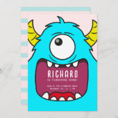 Invitation Joli Petit Monstre Mash Bleu à thème Anniversaire  (Devant / Derrière)