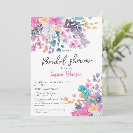 Invitation Joli pressé fleurs script chic douche nuptiale (Debout devant)