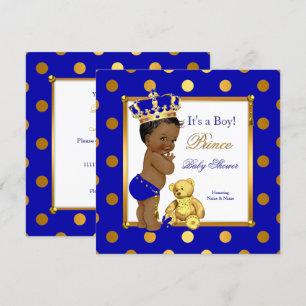 Invitation Joli Prince Baby Shower Garçon Bleu Royal Or Ethni