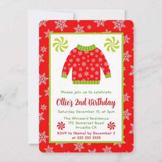 Invitation Joli pull de Noël rouge et vert pour anniversaire (Devant)