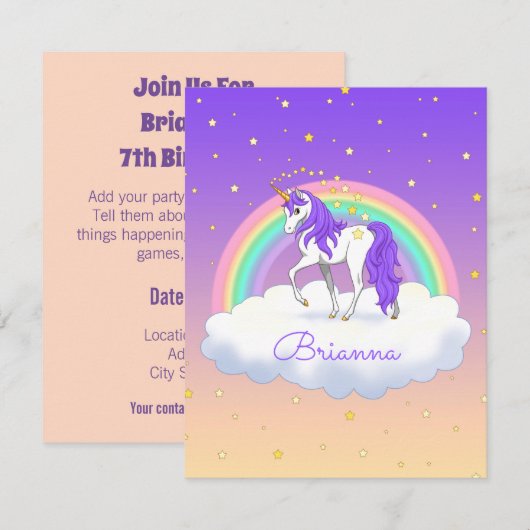 Invitation Joli Purple Sweet Dreams Rainbow Unicorn (Devant / Derrière)