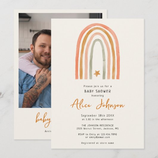 Invitation Joli Rainbow Et Star Photo Boho Baby shower (Devant / Derrière)