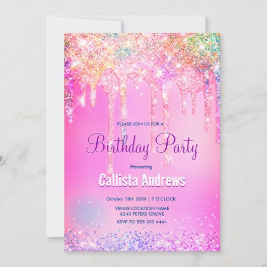 Invitation Joli Rainbow unicorn rose Parties scintillant Driv (Devant)