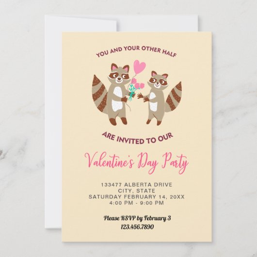 Invitation joli raton laveur valentine's day party diner coeu (Devant)
