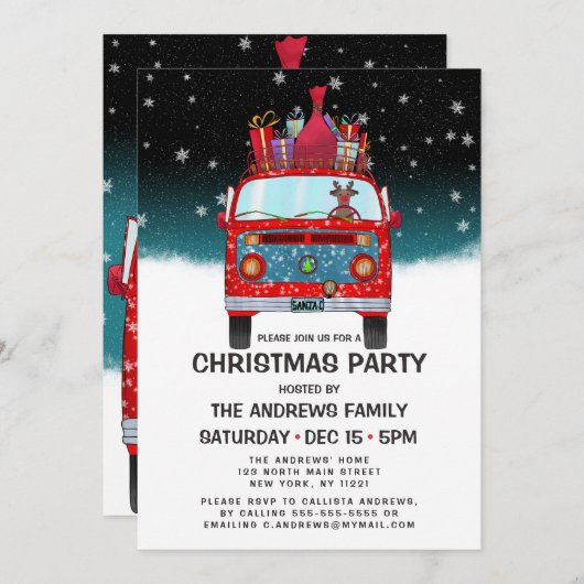 Invitation Joli Red Père Noël Van Reindeer Chien neige Noël (Devant / Derrière)