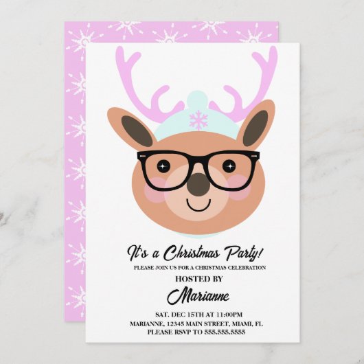 Invitation Joli Reindeer Noël Casquette Écharpe lunettes (Devant / Derrière)