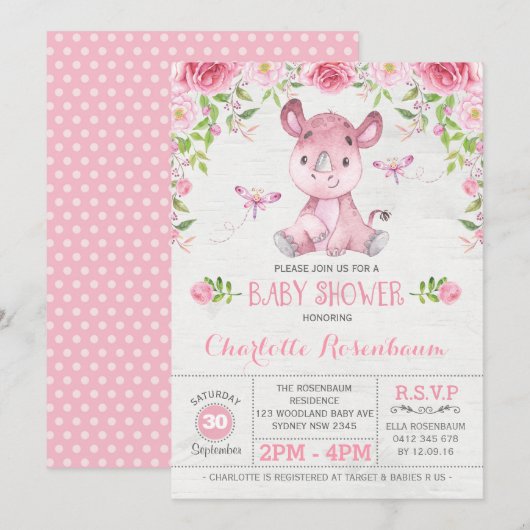 Invitation Joli Rhinoceros Floral Rose Baby Girl Douche (Devant / Derrière)
