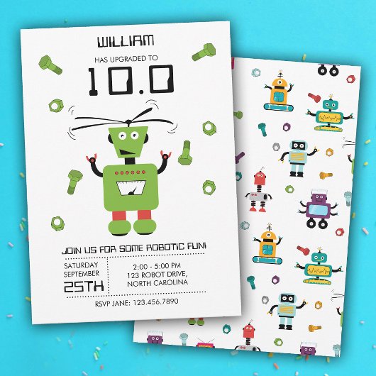 Invitation Joli Robot Vert Thème Robots Enfants Fête d'annive