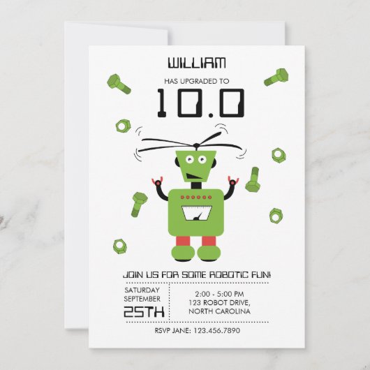 Invitation Joli Robot Vert Thème Robots Enfants Fête d'annive (Devant)