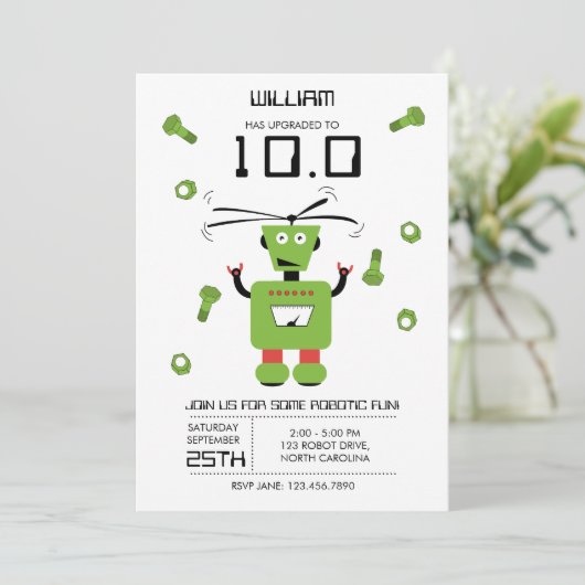 Invitation Joli Robot Vert Thème Robots Enfants Fête d'annive (Debout devant)