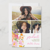 Invitation Joli romantique rose floral 3 photos graduation (Dos)