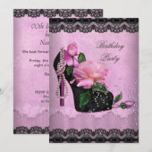 Invitation Joli rose Anniversaire Rose Hi Heel Black Lace (Devant / Derrière)