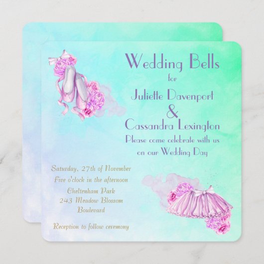 Invitation Joli rose Aquarelle Ballet thème Mariage (Devant / Derrière)