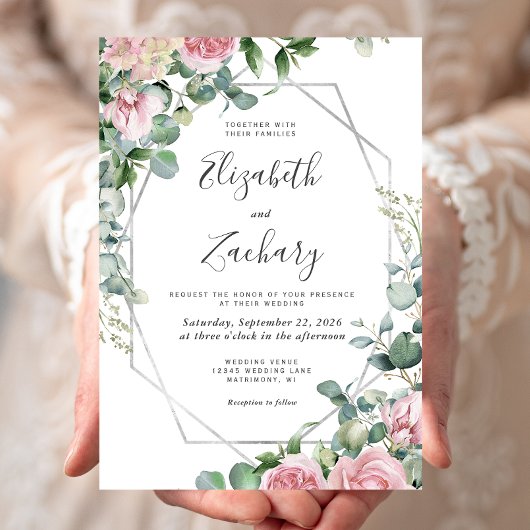 Invitation Joli rose Aquarelle Floral Argent Mariage