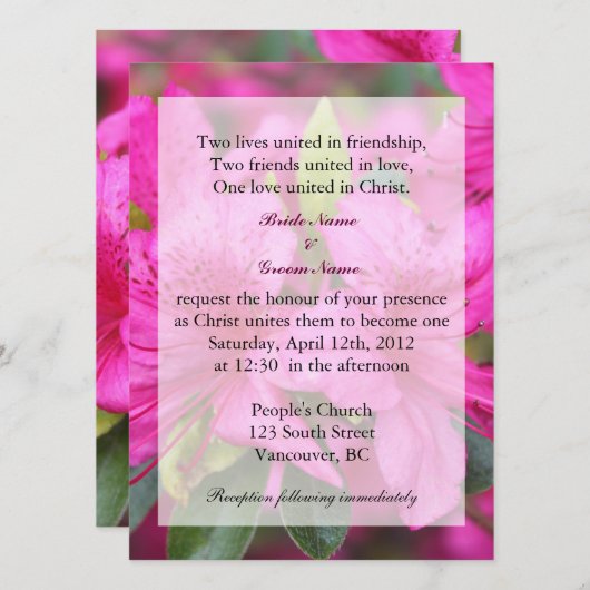 Invitation joli rose azalea fleurs Christian mariage invit (Devant / Derrière)