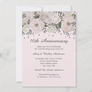 Invitation Joli rose blush argent floral 10e anniversaire