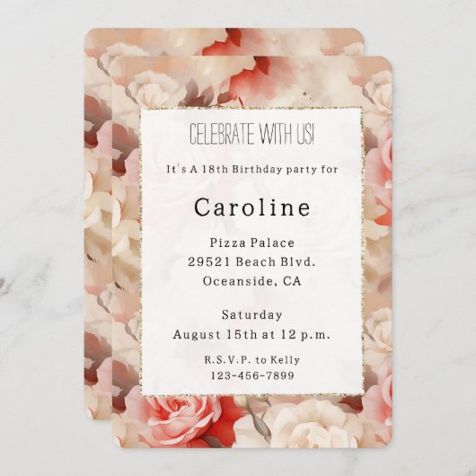 Invitation Joli rose Crème Bleue Rose Floral Anniversaire (Devant / Derrière)