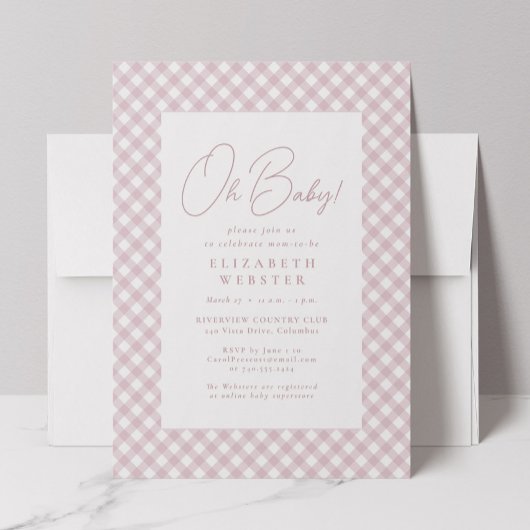 Invitation Joli rose en vichy simple fille baby shower