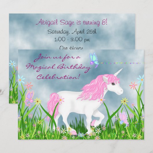 Invitation Joli rose et blanc licorne magique Anniversaire (Devant / Derrière)
