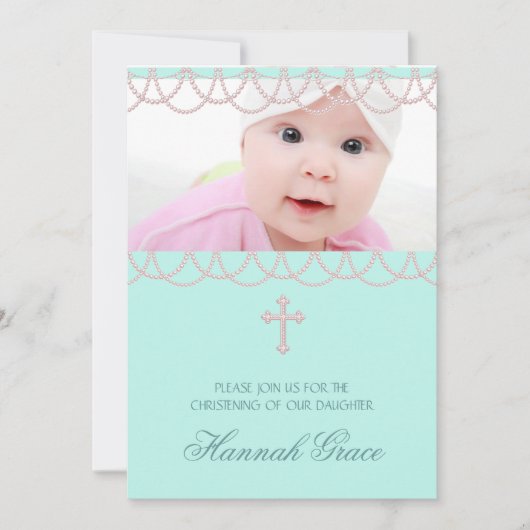 Invitation Joli rose et bleu Turquoise Christening photo (Devant)