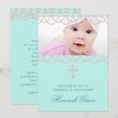 Invitation Joli rose et bleu Turquoise Christening photo (Devant / Derrière)