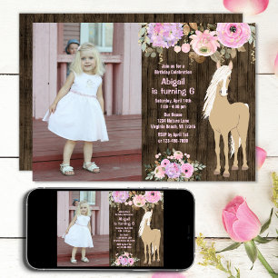 Invitation Joli rose et violet Flower Photo Horse Anniversair