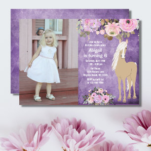 Invitation Joli rose et violet Flower Photo Horse Anniversair