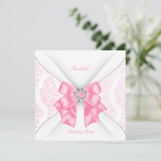Invitation Joli rose fête d'anniversaire Blanc Diamond Bow (Debout devant)