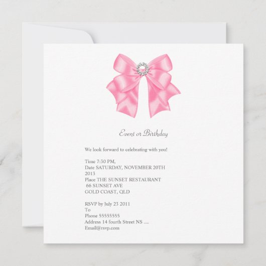 Invitation Joli rose fête d'anniversaire Blanc Diamond Bow (Dos)